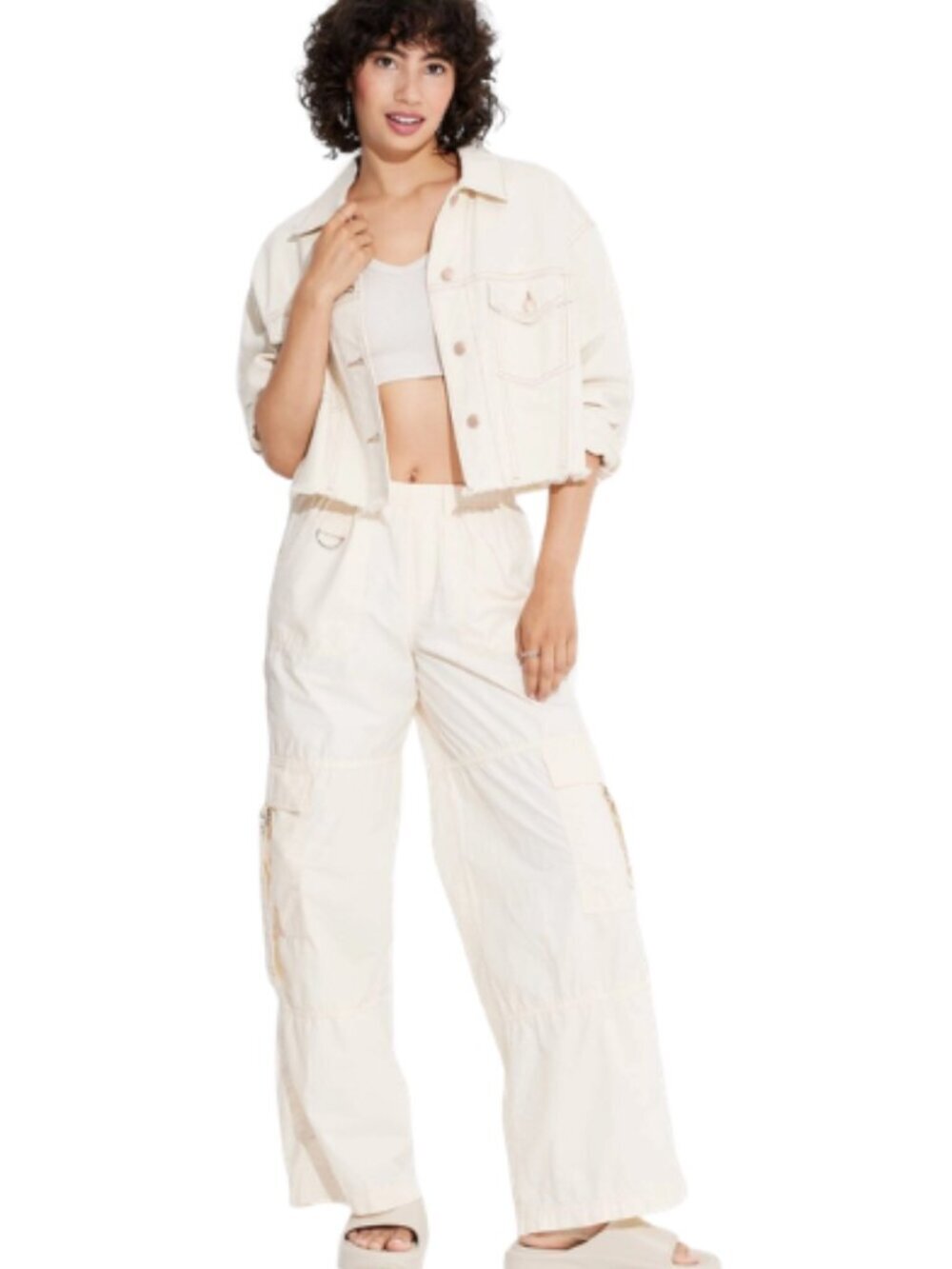 Wild Fable Wide Leg Cargo Pants Ivory Mid Rise 100% Cotton Womens Small NWT